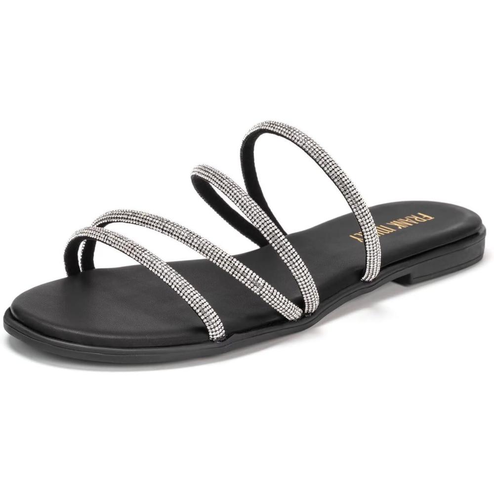 imageFrank Mully Womens Slide Sandals Open Toe Rhinestone Straps Slip On Beach Slide Casual Dressy Flats Sandal for Women Summer2002black