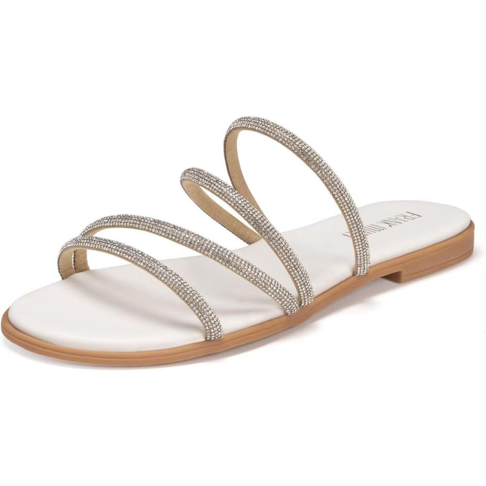 imageFrank Mully Womens Slide Sandals Open Toe Rhinestone Straps Slip On Beach Slide Casual Dressy Flats Sandal for Women Summer2002white