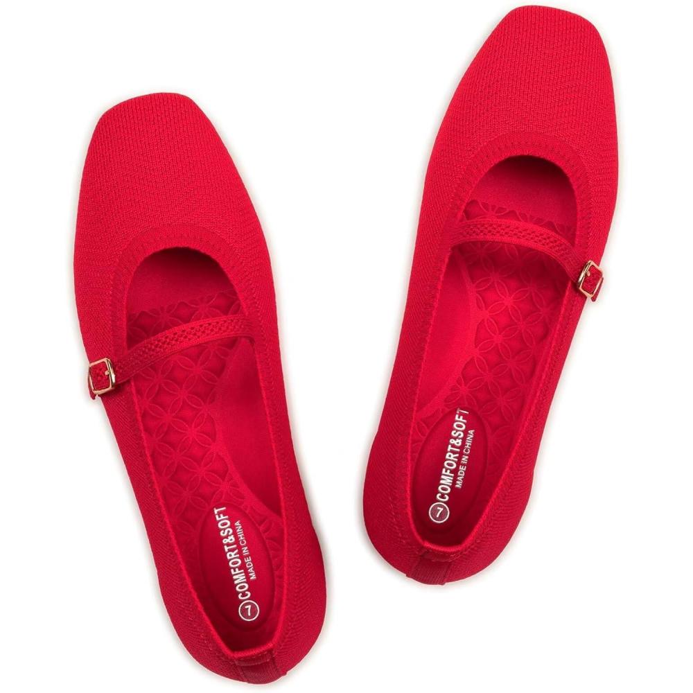 imageFrank Mully Mary Jane Women Flat Shoes Slip on SquareToe Washable Shoes Comfortable for Dressy and Work with Ankle StrapRed
