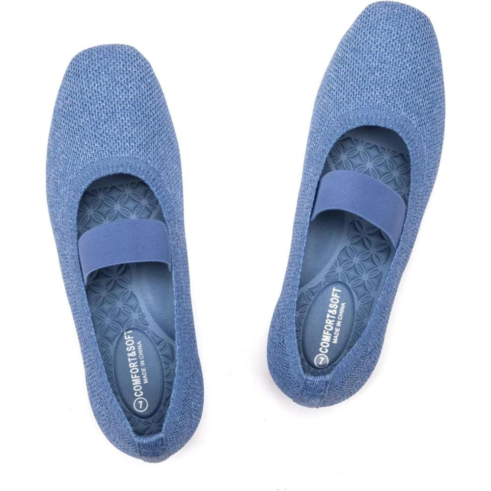 imageFrank Mully Womens Ballet Flats Slip on Casual Knitted Fabric Shoes SquareToe Flats with Elastic Straps for Women6091blue