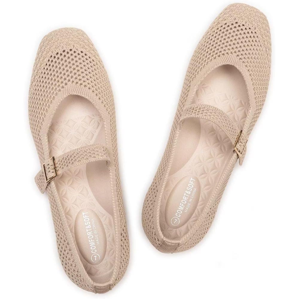 imageFrank Mully Womens Casual Flat Shoes Square Toe Shoes Knitted Mesh Flat Comfort Work Flat Shoes for Daily WashableEcru