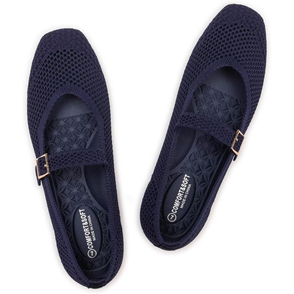 imageFrank Mully Womens Casual Flat Shoes Square Toe Shoes Knitted Mesh Flat Comfort Work Flat Shoes for Daily WashableNavy