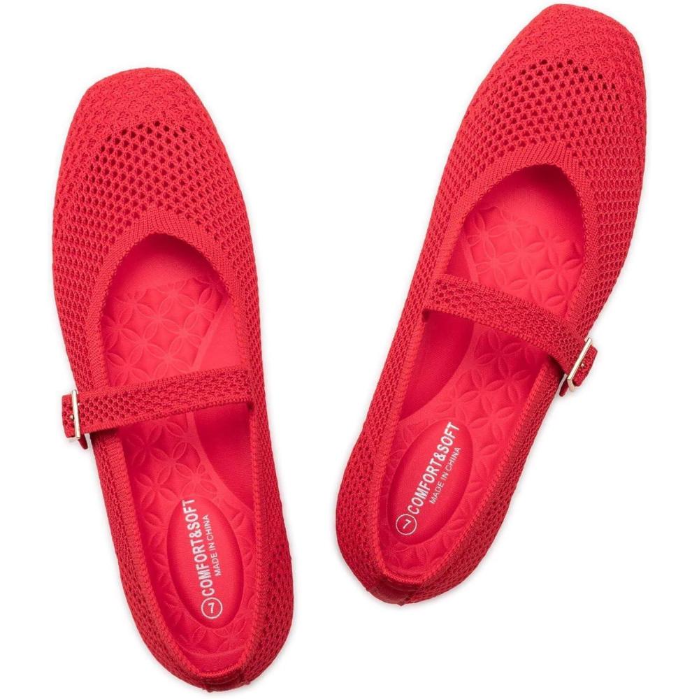 imageFrank Mully Womens Casual Flat Shoes Square Toe Shoes Knitted Mesh Flat Comfort Work Flat Shoes for Daily WashableRed Mesh
