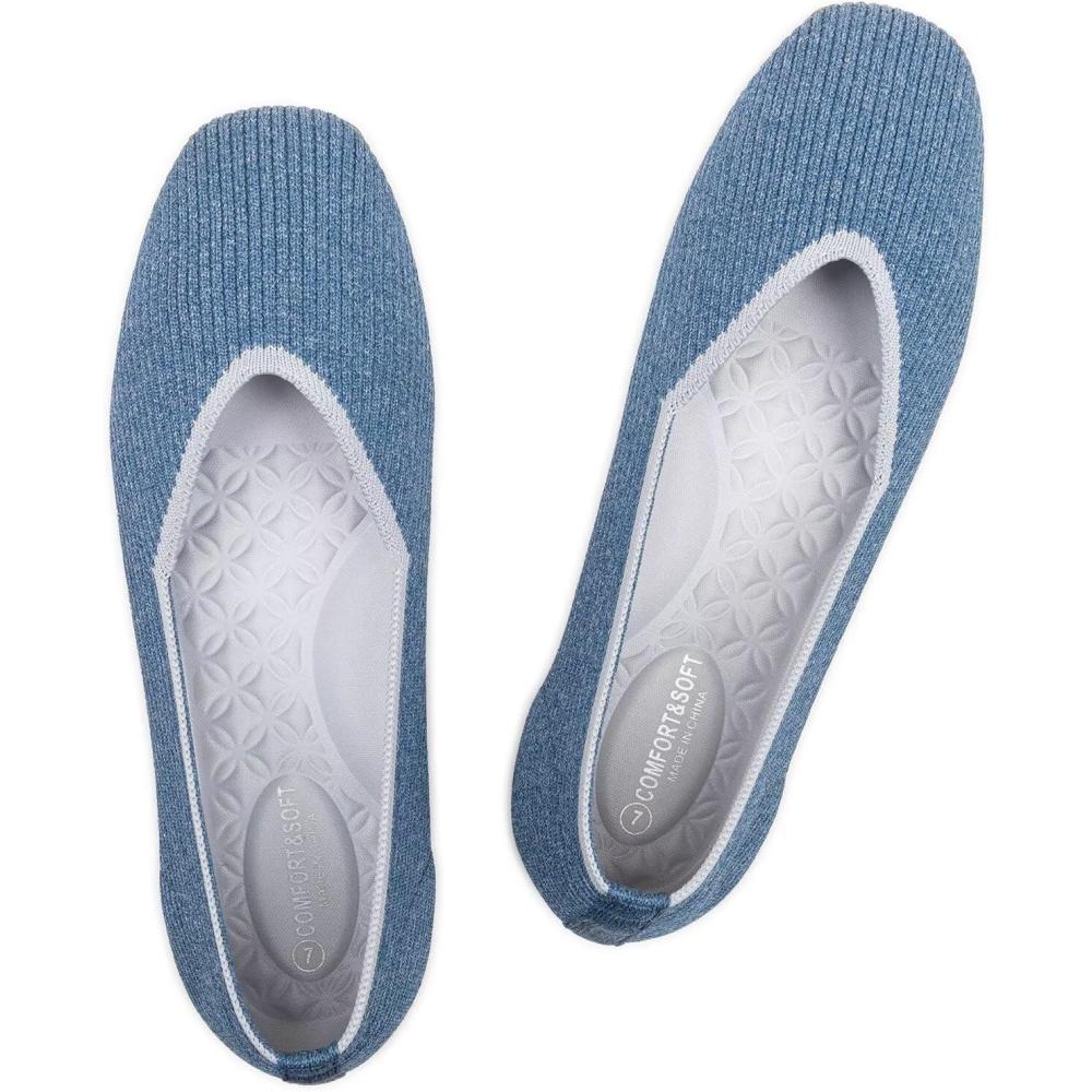 imageFrank Mully Womens Casual Flat Shoes Square Toe Shoes Knitted Work Flat Comfort Dressy Flat Shoes for Daily WashableDenim Blue