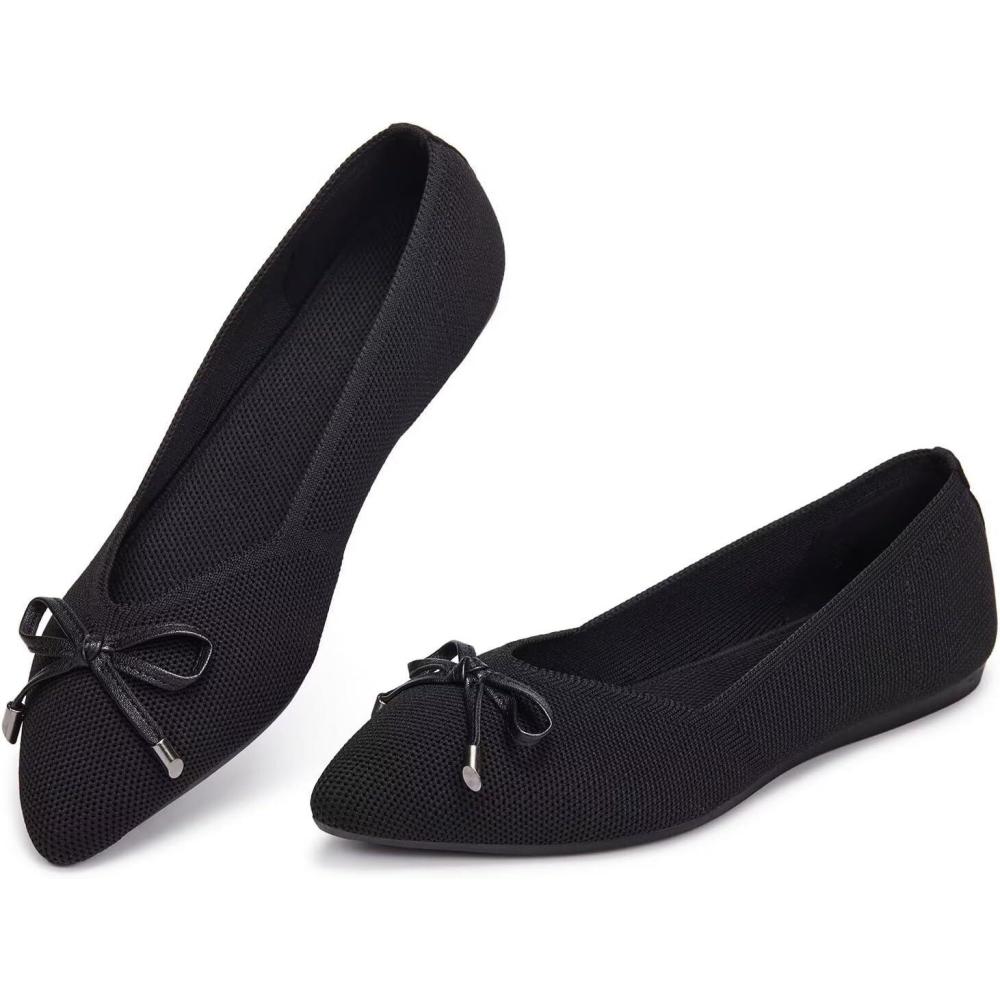 imageFrank Mully Womens Flat Shoes Classic Pointed Toe Flats Knitted Dress Shoes Soft Flats for Woman Comfortable Dressy6042black Bowknot