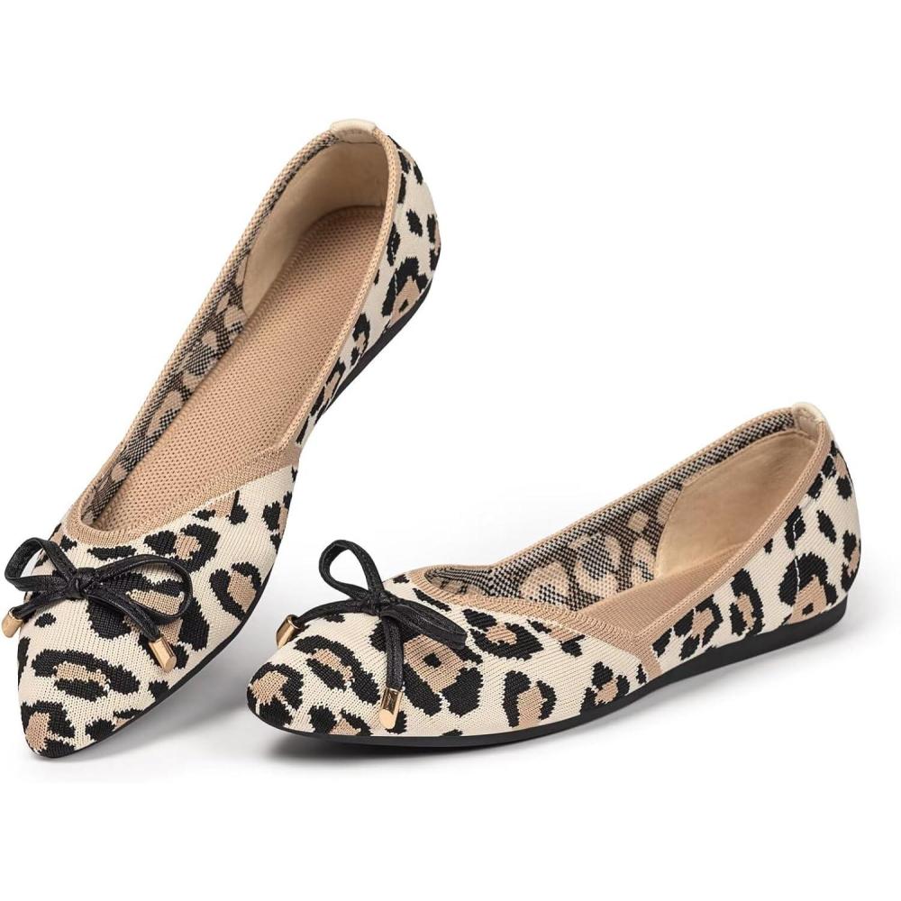 imageFrank Mully Womens Flat Shoes Classic Pointed Toe Flats Knitted Dress Shoes Soft Flats for Woman Comfortable DressyLeopardbowknot