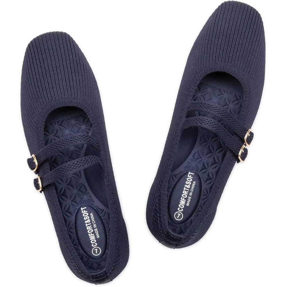 imageFrank Mully Womens Flats Square Toe Mary Jane Shoes Ballet Flats with Strap Comfortable Slip On Knit Shoes Dressy CasualBlue