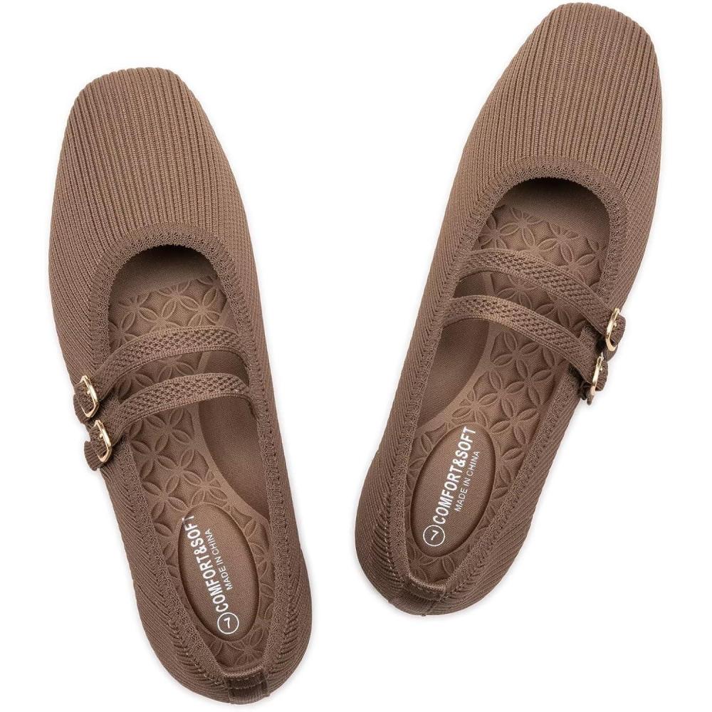 imageFrank Mully Womens Flats Square Toe Mary Jane Shoes Ballet Flats with Strap Comfortable Slip On Knit Shoes Dressy CasualBrown