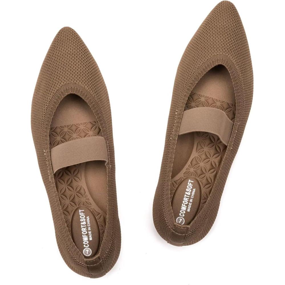 imageFrank Mully Womens Knit Flats PointedToe Shoes with Elastic Straps Ballerina Flat Shoes for Women Dressy6089brown