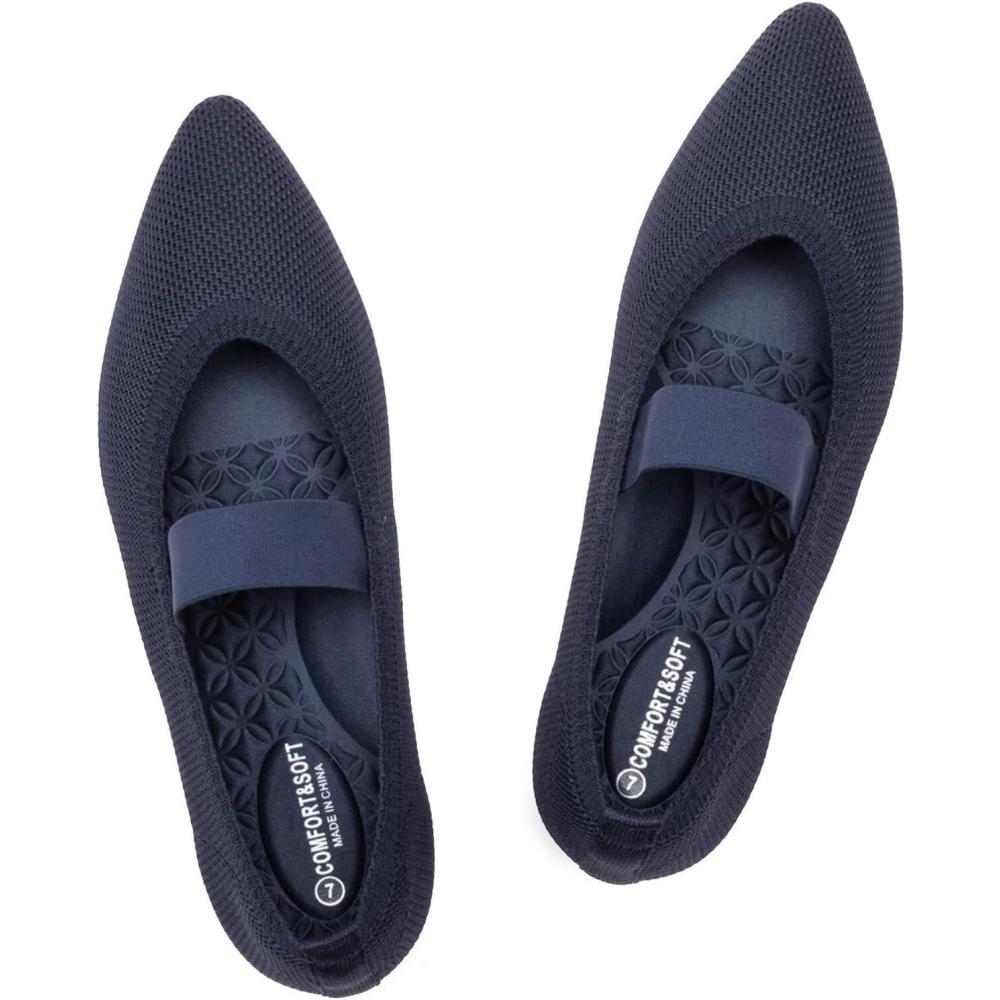 imageFrank Mully Womens Knit Flats PointedToe Shoes with Elastic Straps Ballerina Flat Shoes for Women Dressy6089navy