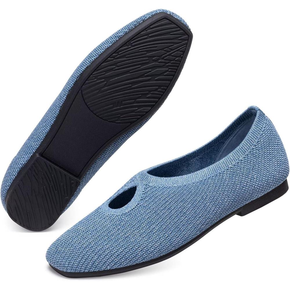 imageFrank Mully Womens Knit Flats Teardrop Upper SquareToe Style Shoes Lightweight Flats for Women Comfortable Slip on Flats for Work Wedding OfficeLightblue