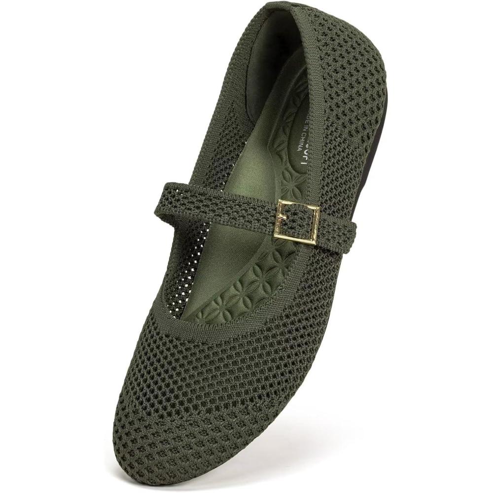 imageFrank Mully Womens Mary Jane Flats Comfortable Dressy Ballet Flats Casual Round Toe Slip On Washable Knitted Fabric Office Work Woman ShoesArmygreenMesh