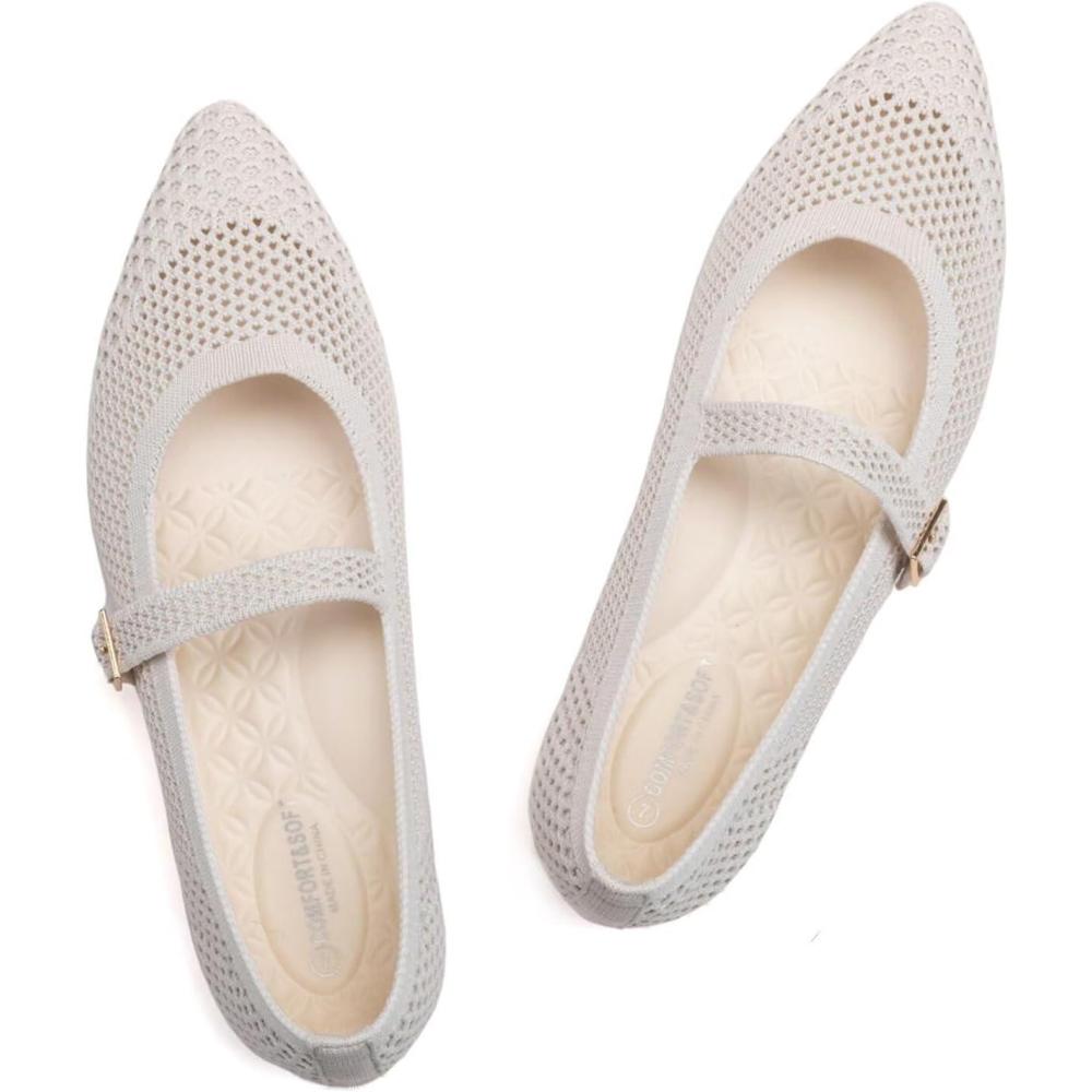 imageFrank Mully Womens Mesh Flats Mary Jane Shoes Pointed Toe Lightweight with Adjustable Instep Strap Knit Flat Shoes for Women Dressy Casual Washable Walking ShoesIvory