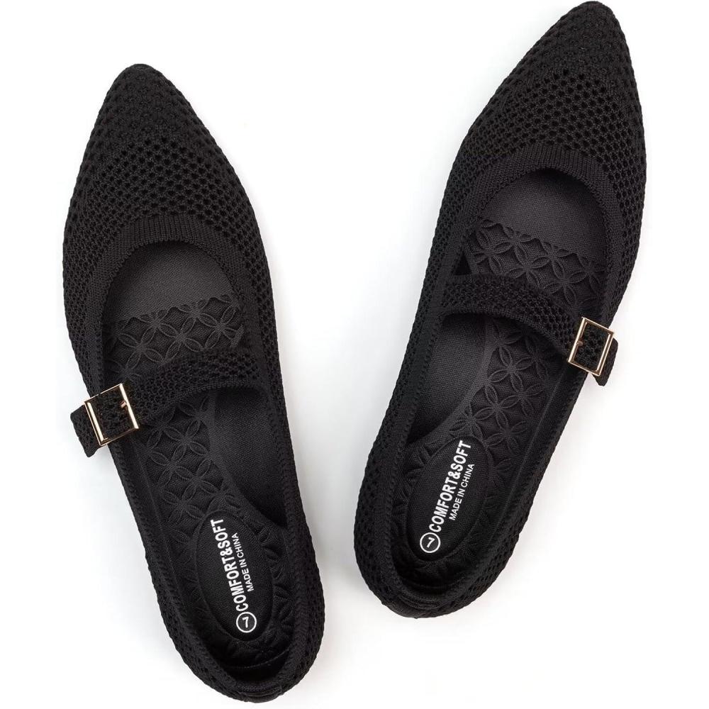 imageFrank Mully Womens Mesh Flats Mary Jane Shoes Pointed Toe Lightweight with Adjustable Instep Strap Knit Flat Shoes for Women Dressy Casual Washable Walking ShoesBlack