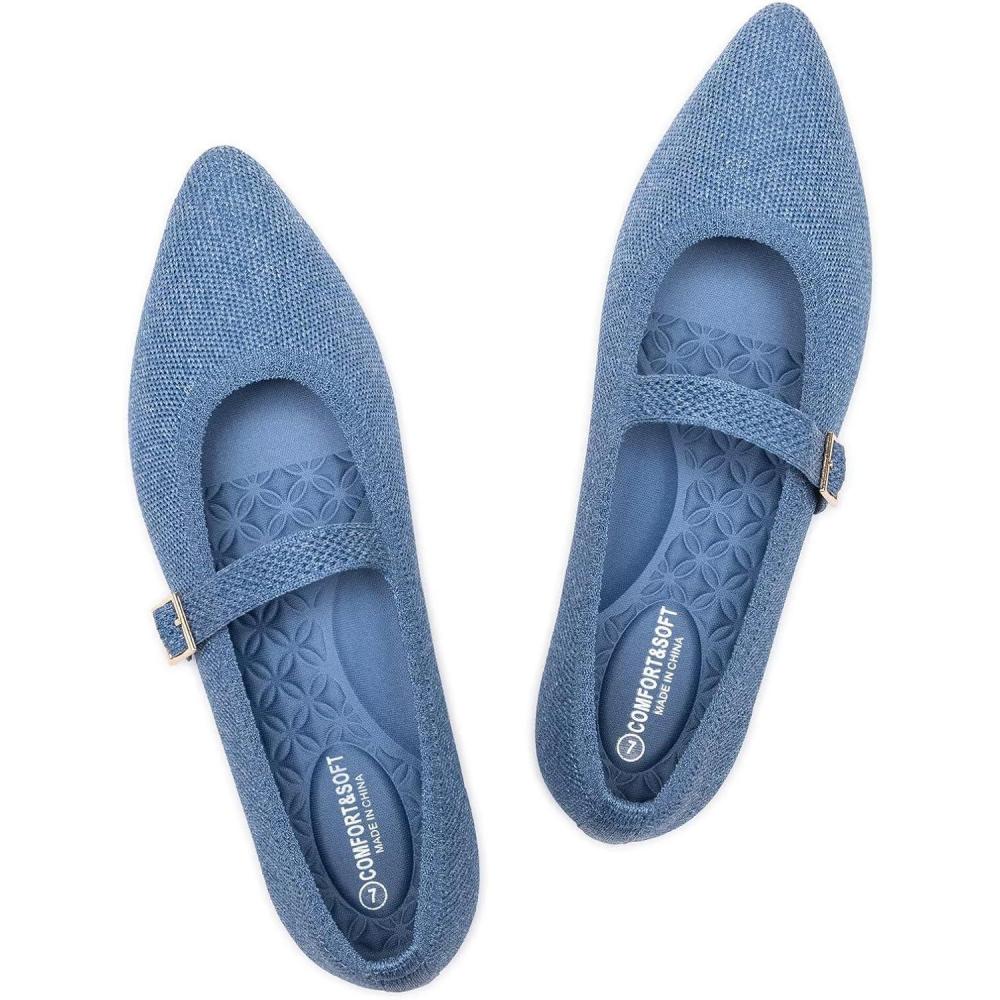 imageFrank Mully Womens Mesh Flats Mary Jane Shoes Pointed Toe Lightweight with Adjustable Instep Strap Knit Flat Shoes for Women Dressy Casual Washable Walking ShoesSolid Denim