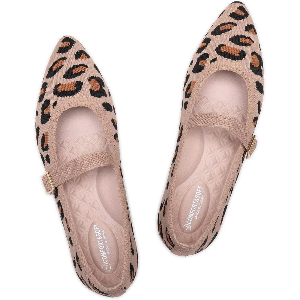 imageFrank Mully Womens Mesh Flats Mary Jane Shoes Pointed Toe Lightweight with Adjustable Instep Strap Knit Flat Shoes for Women Dressy Casual Washable Walking ShoesSolid Leopard