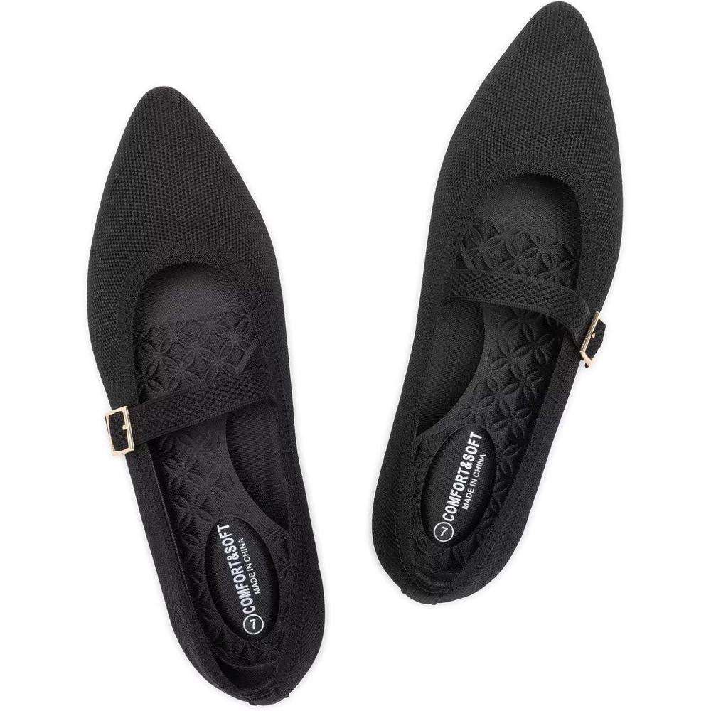 imageFrank Mully Womens Mesh Flats Mary Jane Shoes Pointed Toe Lightweight with Adjustable Instep Strap Knit Flat Shoes for Women Dressy Casual Washable Walking ShoesSolid Black
