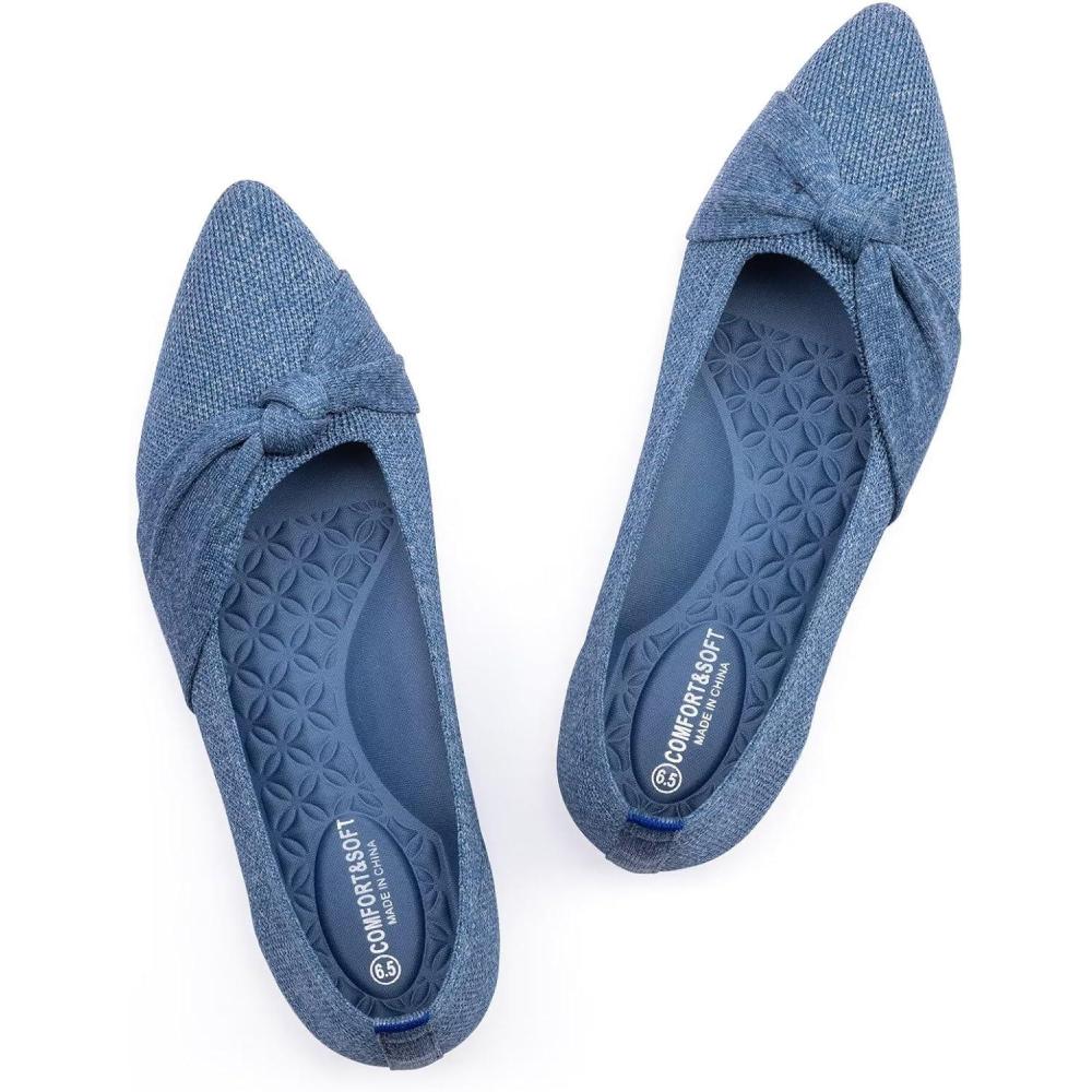 imageFrank Mully Womens Pointed Toe Flats Knit Dress Shoes Comfort Women Shoes Slip On Shoes for Woman Classic Softable Shoes Low WedgeBlue With Bowknot