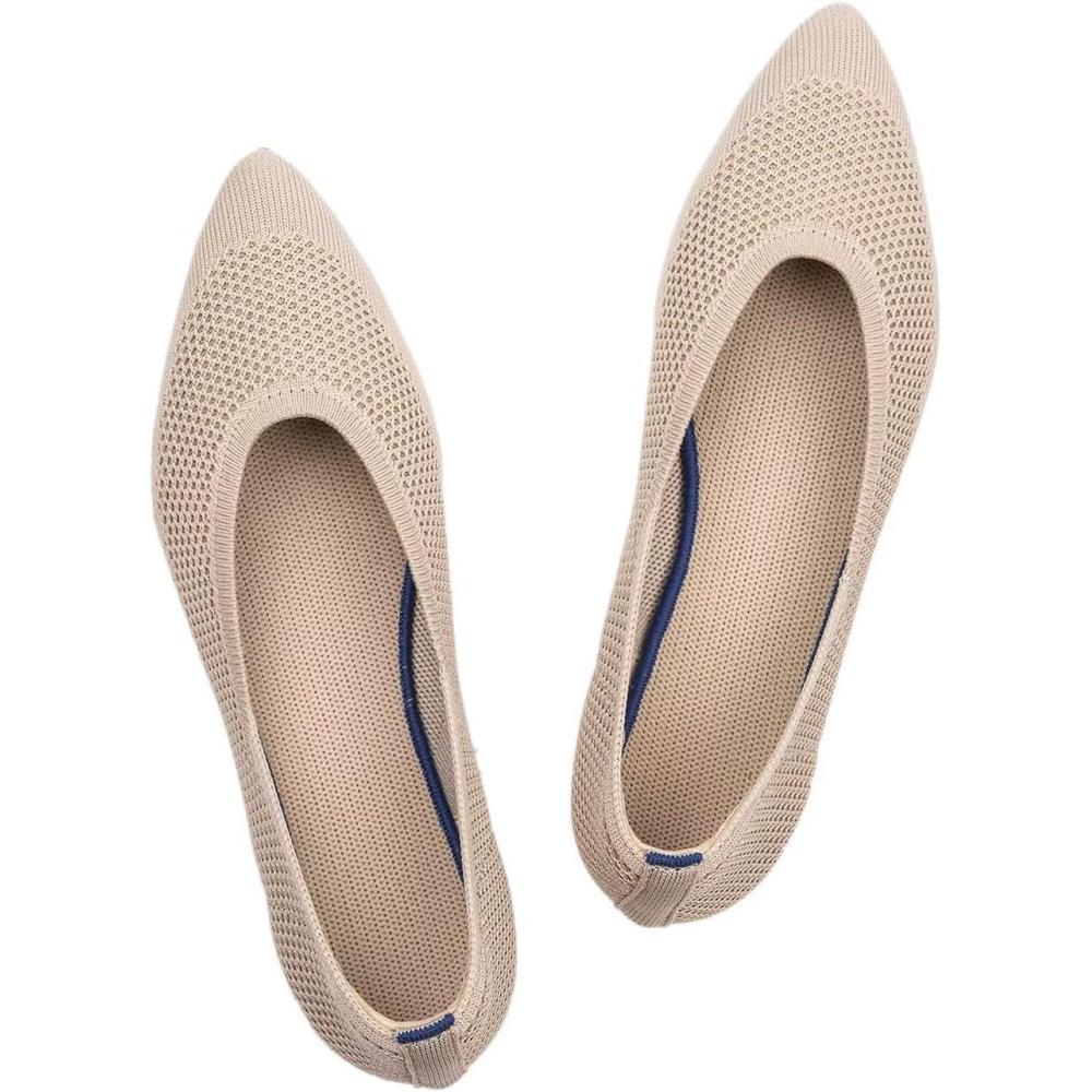 imageFrank Mully Womens Pointed Toe Flats Knit Dress Shoes Comfort Women Shoes Slip On Shoes for Woman Classic Softable Shoes Low WedgeEcruMesh