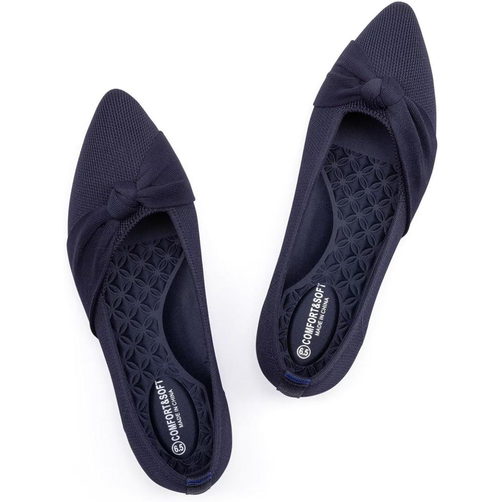 imageFrank Mully Womens Pointed Toe Flats Knit Dress Shoes Comfort Women Shoes Slip On Shoes for Woman Classic Softable Shoes Low WedgeNavy With Bowknot