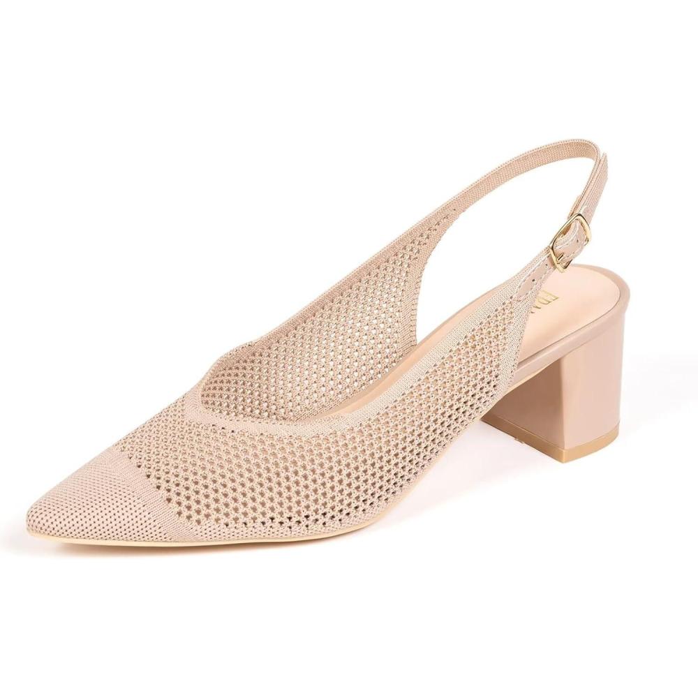 imageFrank Mully Womens Slingback Heels Pointed Toe Work Pumps Comfortable Chunky Pumps Knitted Closed Toe Stylish Dressy ShoesAlmondMesh