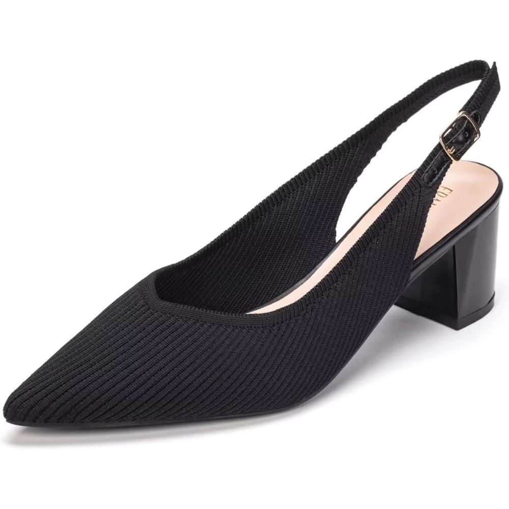 imageFrank Mully Womens Slingback Heels Pointed Toe Work Pumps Comfortable Chunky Pumps Knitted Closed Toe Stylish Dressy ShoesBlack