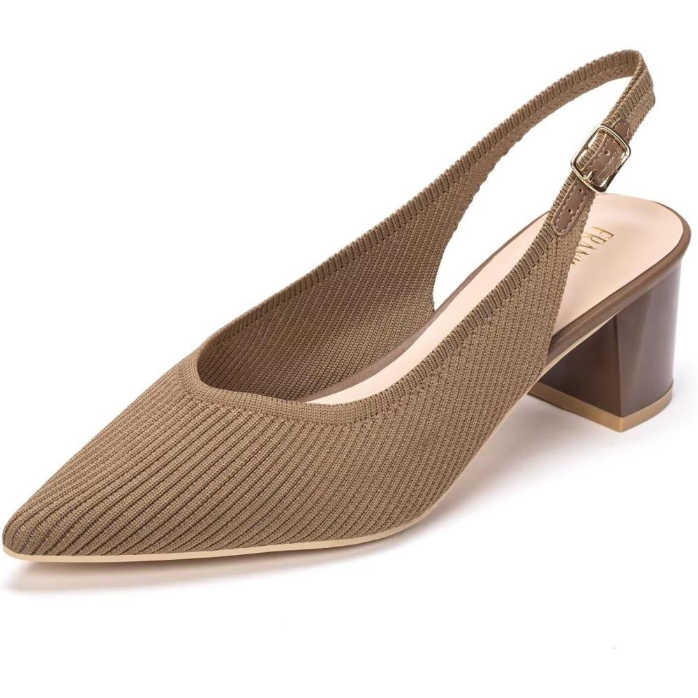 imageFrank Mully Womens Slingback Heels Pointed Toe Work Pumps Comfortable Chunky Pumps Knitted Closed Toe Stylish Dressy ShoesCoffee