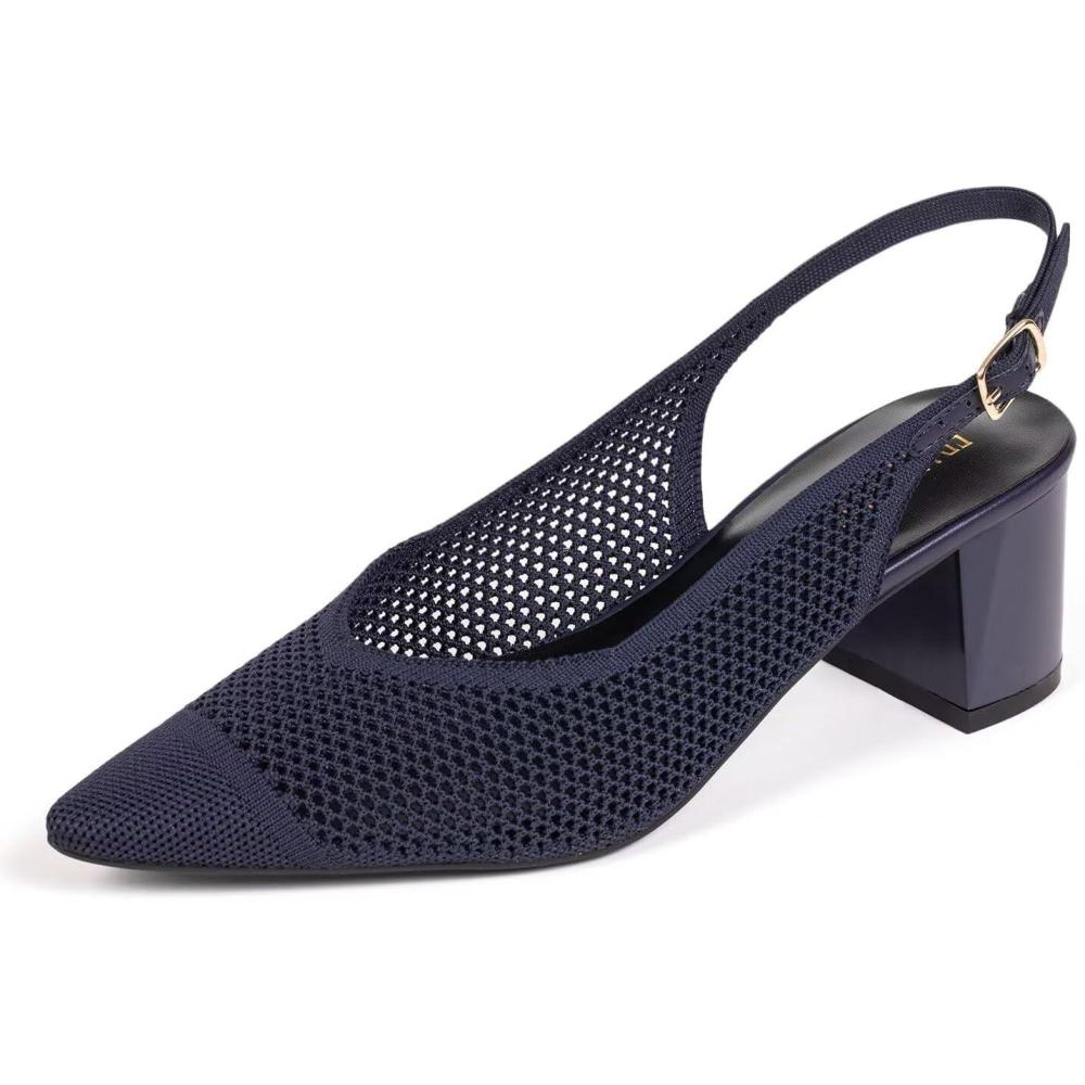 imageFrank Mully Womens Slingback Heels Pointed Toe Work Pumps Comfortable Chunky Pumps Knitted Closed Toe Stylish Dressy ShoesNavyMesh