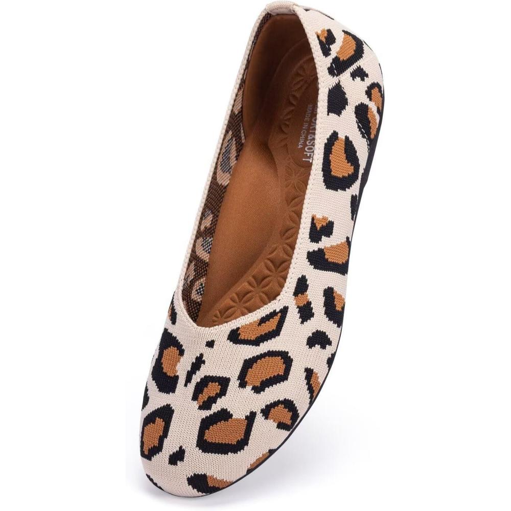 imageFrank Mully Womens Wide Width Flats Ballet Flats Round Toe Knit Flat Shoes with Arch Support Wide Toe BoxLeopard