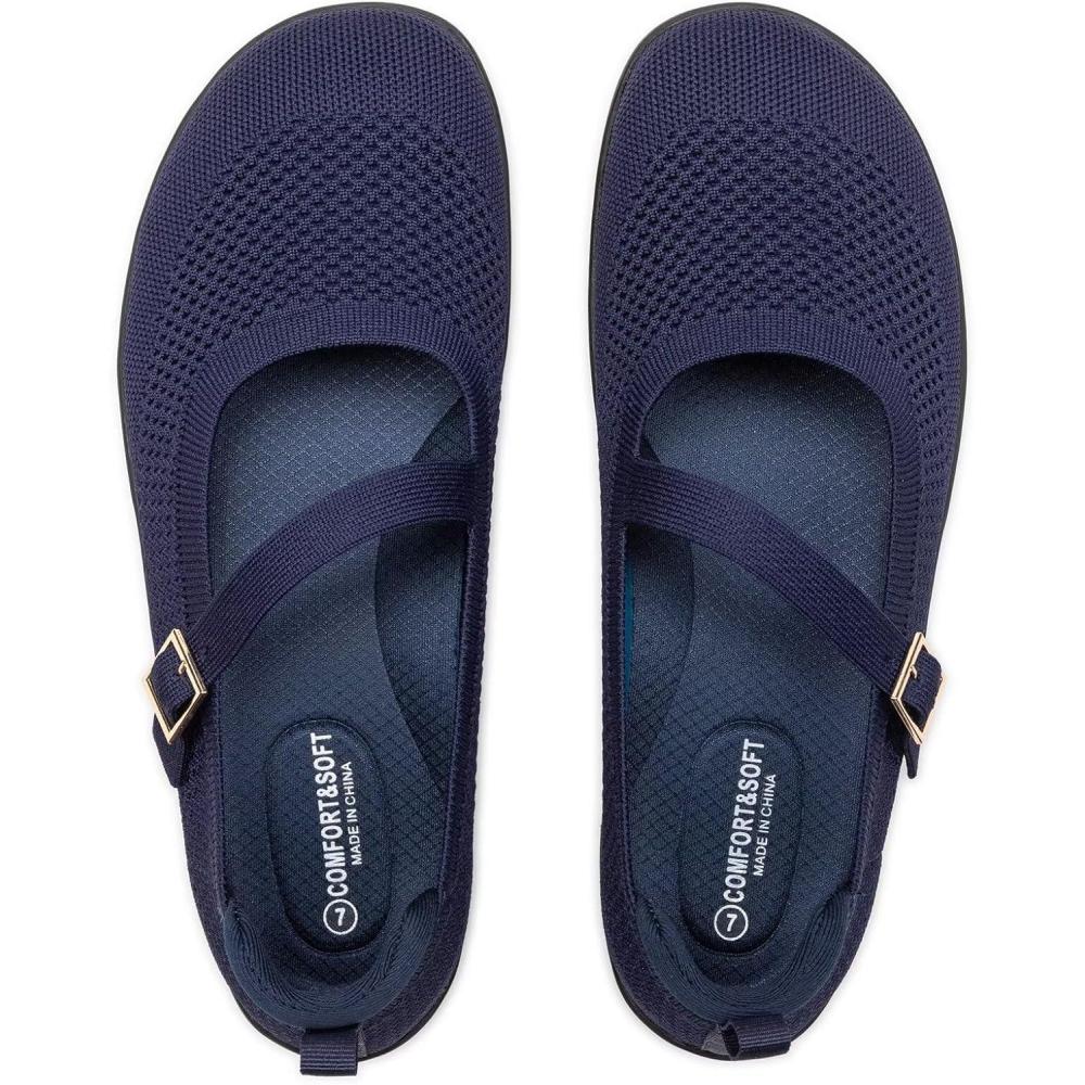 imageFrank Mully Womens Wide Width Flats Mary Jane Flat Comofortable Knit Ballet Flat Wide Toe Box Dress Shoes with Adjustable StrapsDark Blue