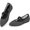 Frank Mully Women’s Mesh Flats Mary Jane Shoes Pointed Toe Lightweight with Adjustable Instep Strap Knit Flat Shoes for Women Dressy Casual Washable Walking Shoes(Black&white)