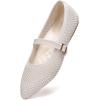 Frank Mully Women’s Mesh Flats Mary Jane Shoes Pointed Toe Lightweight with Adjustable Instep Strap Knit Flat Shoes for Women Dressy Casual Washable Walking Shoes(Ivory)