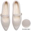 Frank Mully Women’s Mesh Flats Mary Jane Shoes Pointed Toe Lightweight with Adjustable Instep Strap Knit Flat Shoes for Women Dressy Casual Washable Walking Shoes(Ivory)