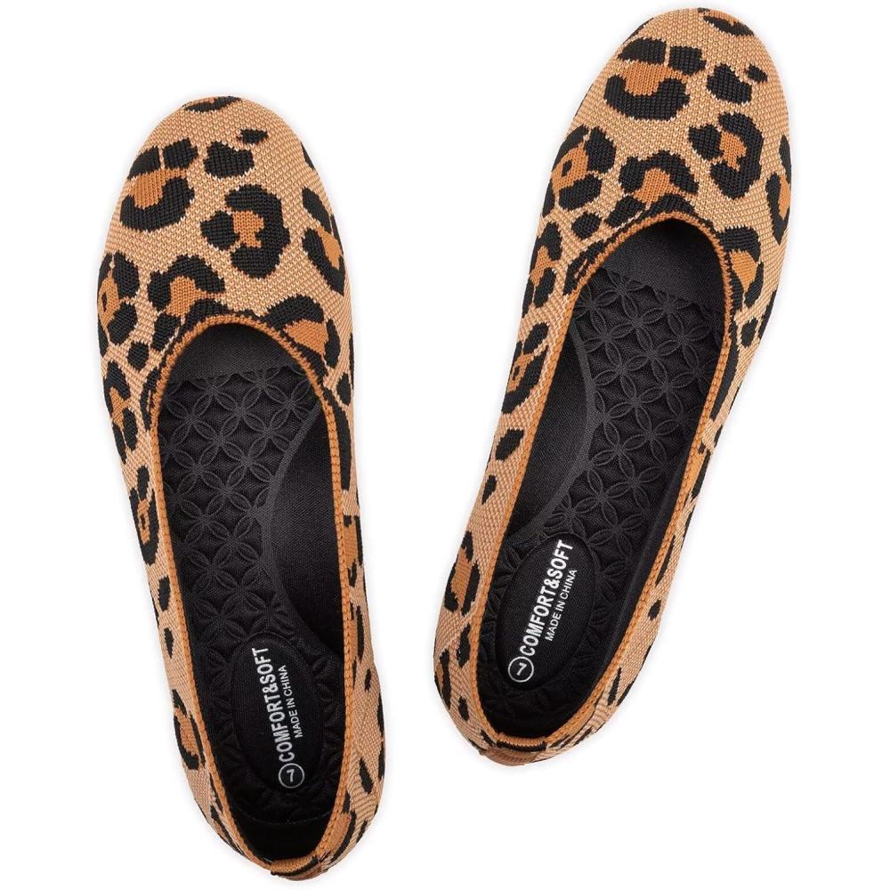 imageFrank Mully Womens Ballet Flat Shoes Knit Dress Shoes Round Toe Slip On Ballerina Flats for Woman Low Wedge Comfort SoftLeopard Orange