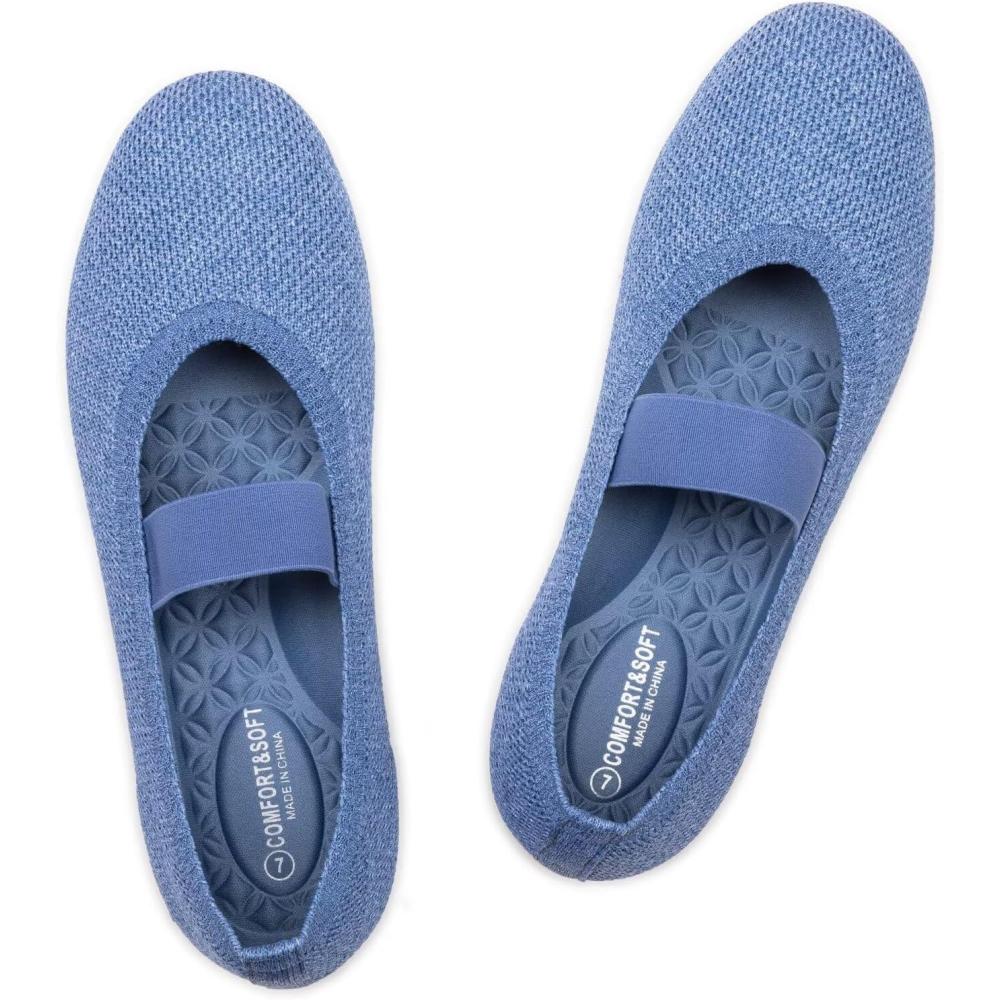 imageFrank Mully Womens Ballet Flats Casual Round Toe Knit Fabric Flats for Women with Single Strap Ballerina Flat Shoes Lightweight Dressy Shoes for WomanLight Blue