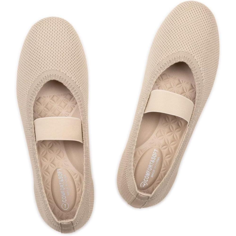 imageFrank Mully Womens Ballet Flats Casual Round Toe Knit Fabric Flats for Women with Single Strap Ballerina Flat Shoes Lightweight Dressy Shoes for WomanApricot