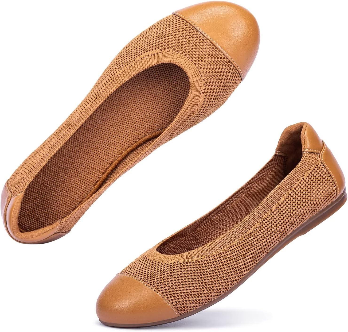 imageFrank Mully Womens Ballet Flats Round Toe Walking Flats Slip On Work Shoes Knitted Flats Shoes for Woman Soft Lightweight6045tan