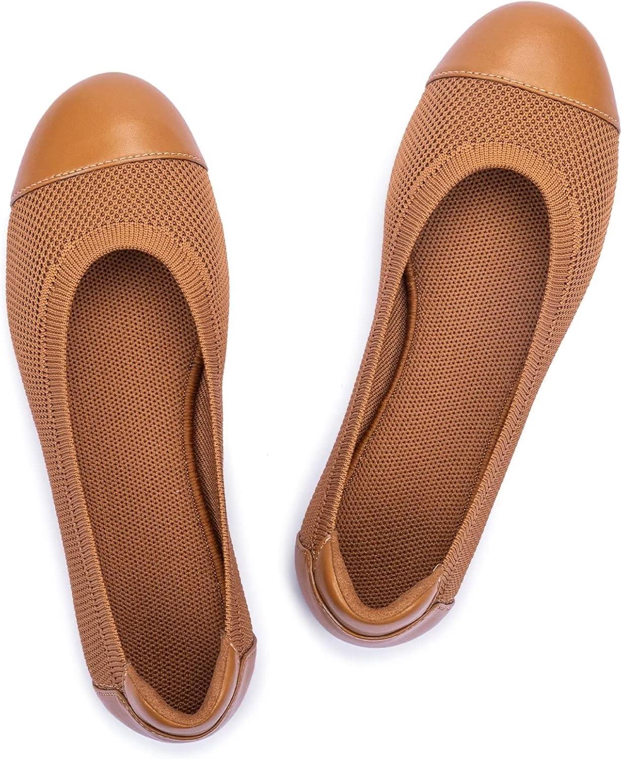 imageFrank Mully Womens Ballet Flats Round Toe Walking Flats Slip On Work Shoes Knitted Flats Shoes for Woman Soft Lightweight6045tan