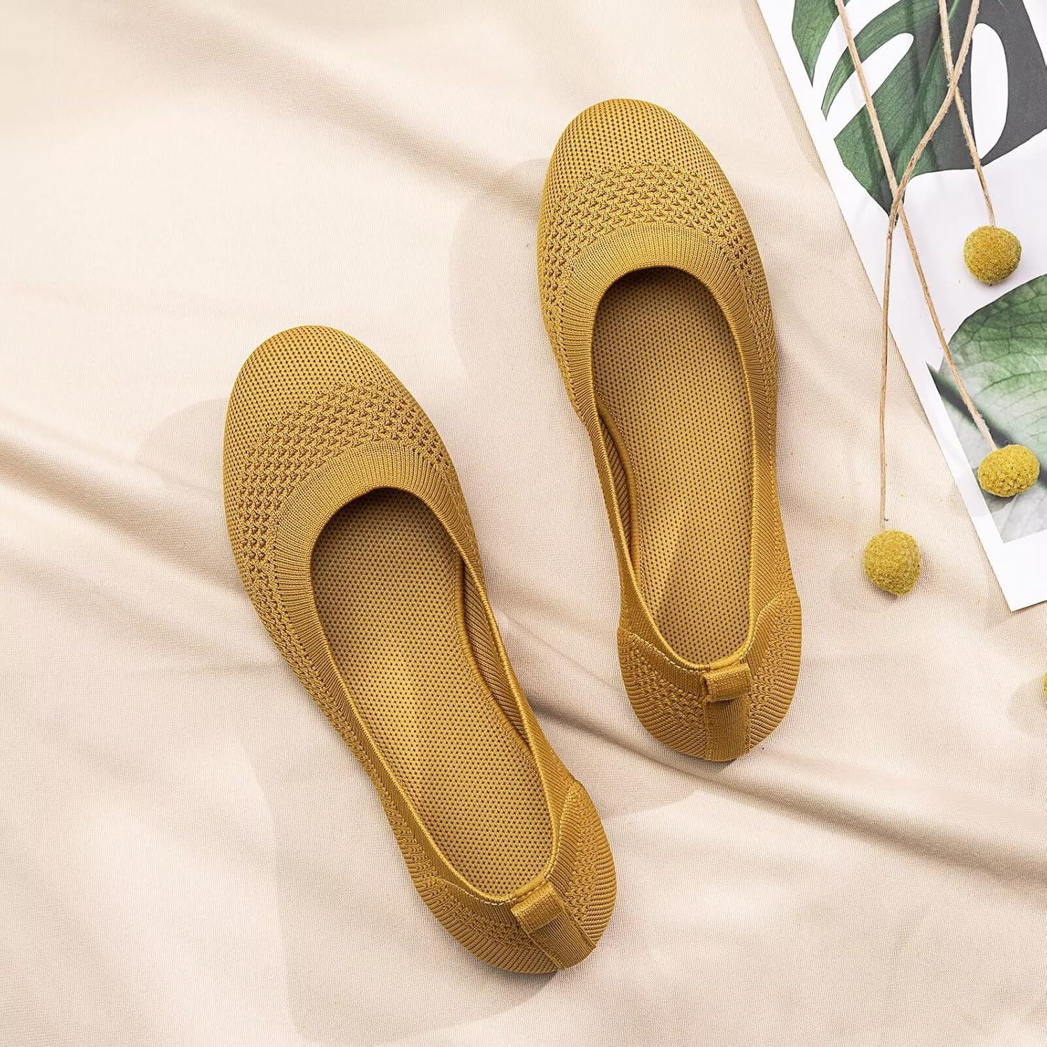 imageFrank Mully Womens Ballet Flats Round Toe Walking Flats Slip On Work Shoes Knitted Flats Shoes for Woman Soft LightweightYellow 017