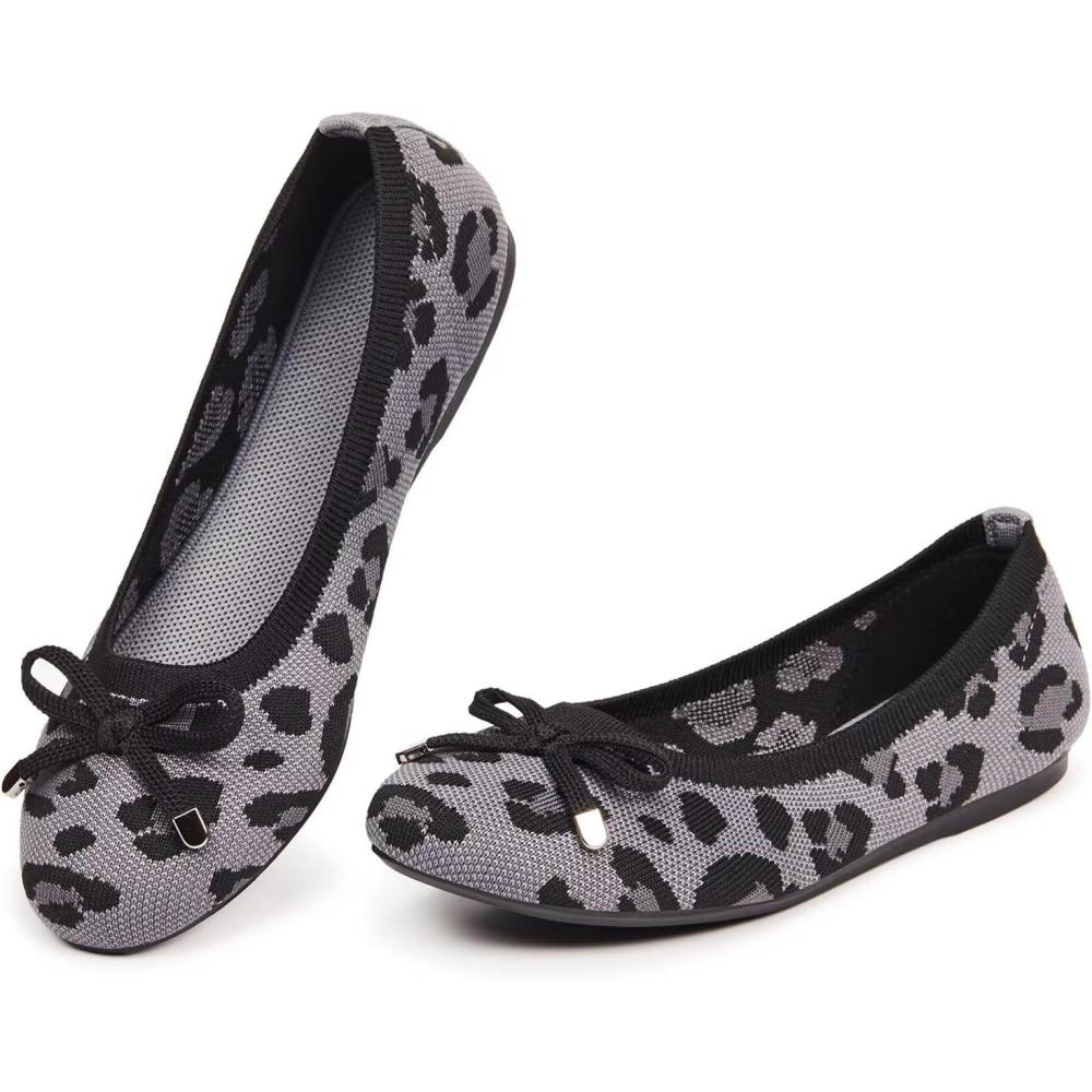 imageFrank Mully Womens Ballet Flats Round Toe Walking Flats Slip On Work Shoes Knitted Flats Shoes for Woman Soft LightweightGray Leopard