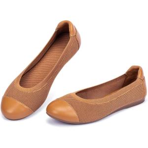 Frank Mully Women’s Ballet Flats Round Toe Walking Flats Slip On Work Shoes Knitted Flats Shoes for Woman Soft Lightweight(6045tan)