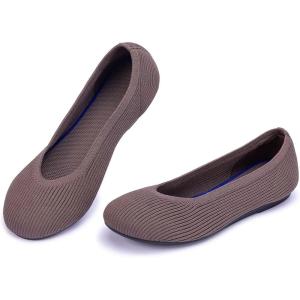 Frank Mully Women’s Ballet Flats Round Toe Walking Flats Slip On Work Shoes Knitted Flats Shoes for Woman Soft Lightweight(Darktan)