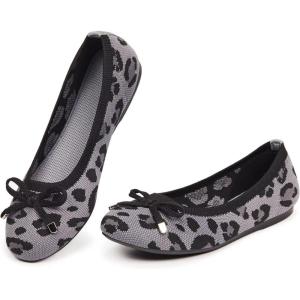 Frank Mully Women’s Ballet Flats Round Toe Walking Flats Slip On Work Shoes Knitted Flats Shoes for Woman Soft Lightweight(Gray Leopard)