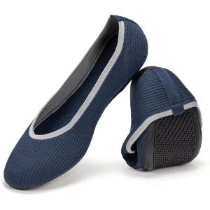 Frank Mully Women’s Ballet Flats Round Toe Walking Flats Slip On Work Shoes Knitted Flats Shoes for Woman Soft Lightweight(Navy)