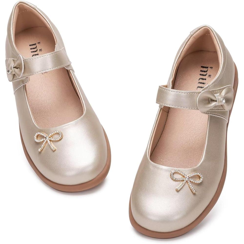 imageFrank Mully Girls Mary Jane Shoes Side Rhinestone Bow Flat for WeddingPartySchool Shoes for ToddlerLittle KidBig KidGold