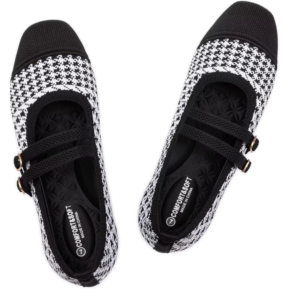 imageFrank Mully Womens Flats Square Toe Mary Jane Shoes Ballet Flats with Strap Comfortable Slip On Knit Shoes Dressy CasualBwhite