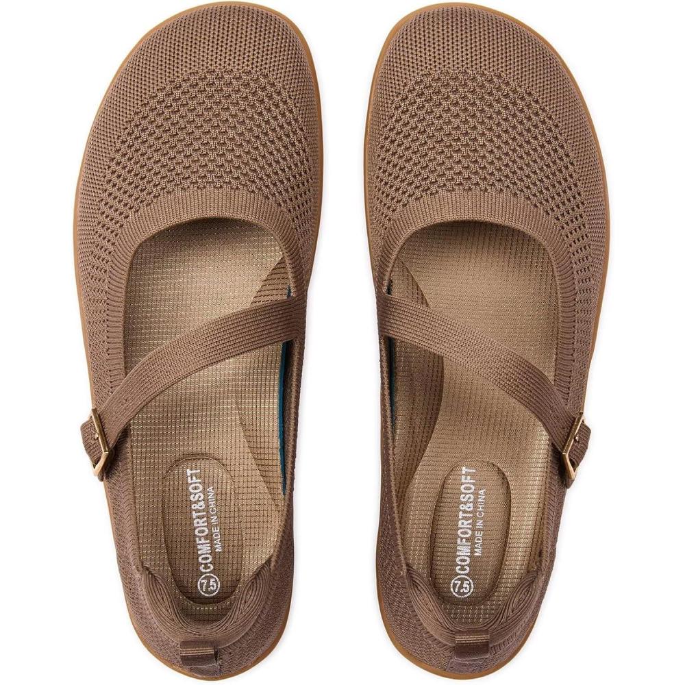 imageFrank Mully Womens Wide Width Flats Mary Jane Flat Comofortable Knit Ballet Flat Wide Toe Box Dress Shoes with Adjustable StrapsCoffee