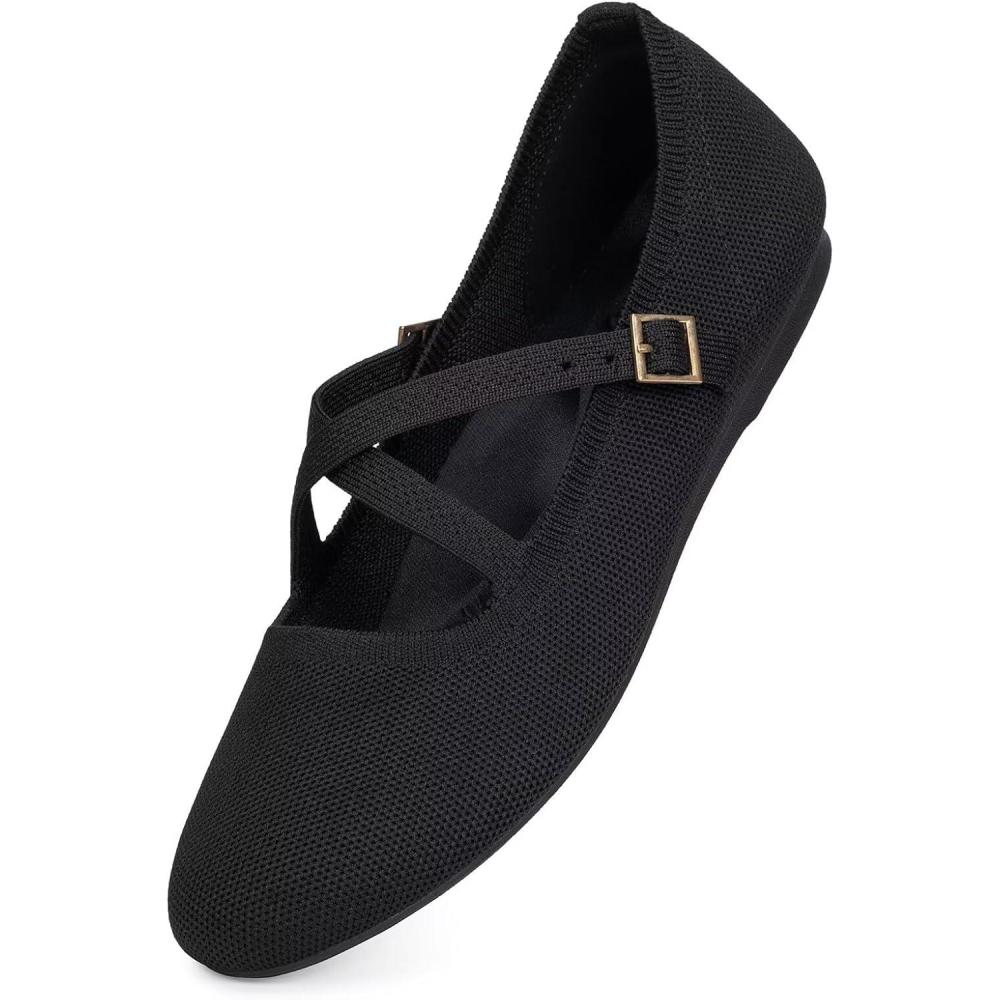 imageFrank Mully Womens Mary Jane Flats Knit Ballet Criss Cross Ankle Strap Flat ShoesBlackSolid