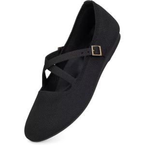 Frank Mully Women’s Mary Jane Flats Knit Ballet Criss Cross Ankle Strap Flat Shoes(Black/Solid)