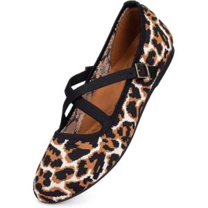 Frank Mully Women’s Mary Jane Flats Knit Ballet Criss Cross Ankle Strap Flat Shoes(Leopard)